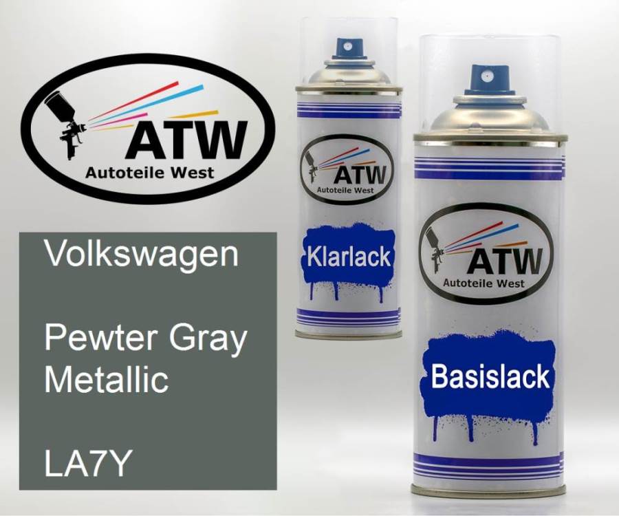 Volkswagen, Pewter Gray Metallic, LA7Y: 400ml Sprühdose + 400ml Klarlack - Set, von ATW Autoteile West.